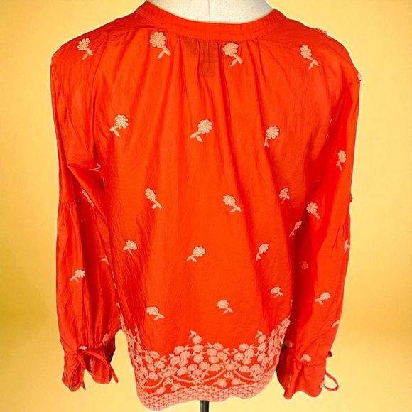 J. Crew Floral Embroidered Cotton Gauze Popover Top in Fiery Sunset Red / Orange - Picture 12 of 16